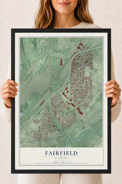 Map of Fairfield, Alabama, 18 x 24 inch print in a black wood frame