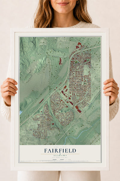 Map of Fairfield, Alabama, 18 x 24 inch print in a white wood frame