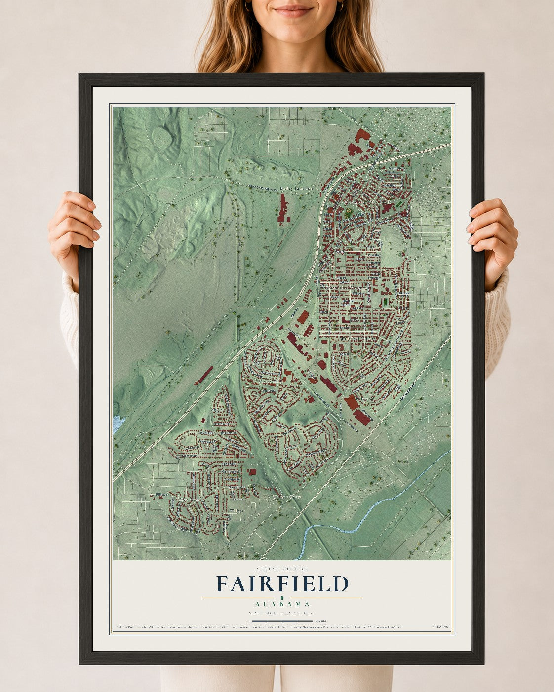 Map of Fairfield, Alabama, 24 x 36 inch print in a black wood frame