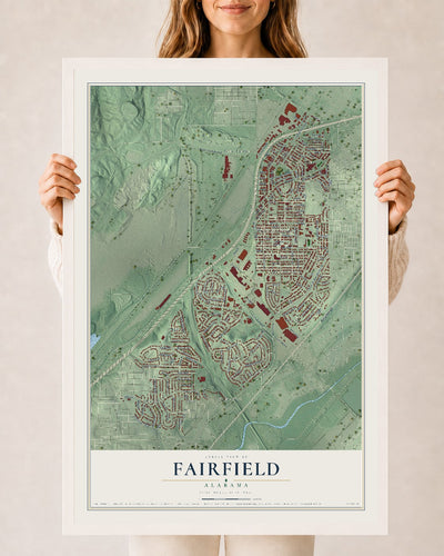 Map of Fairfield, Alabama, 24 x 36 inch print in a white wood frame