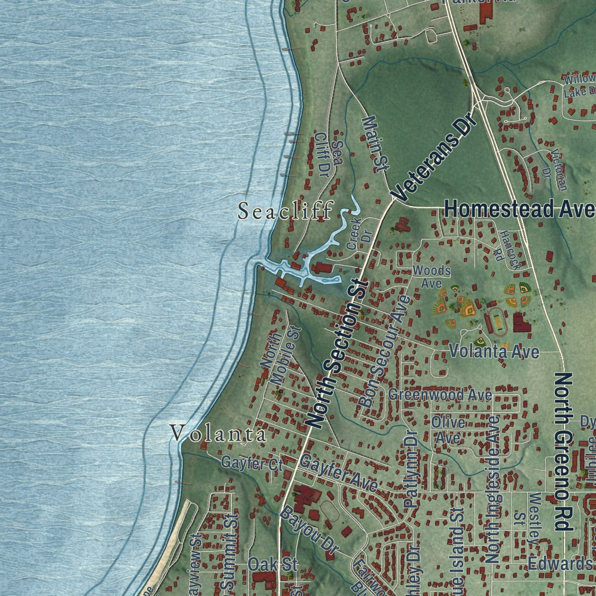 Second close-up of the map of Fairhope, Alabama print showing more streets and buildings