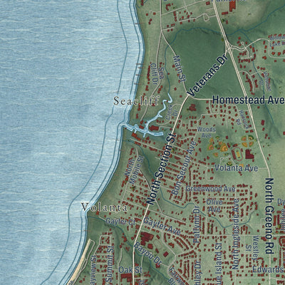 Second close-up of the map of Fairhope, Alabama print showing more streets and buildings