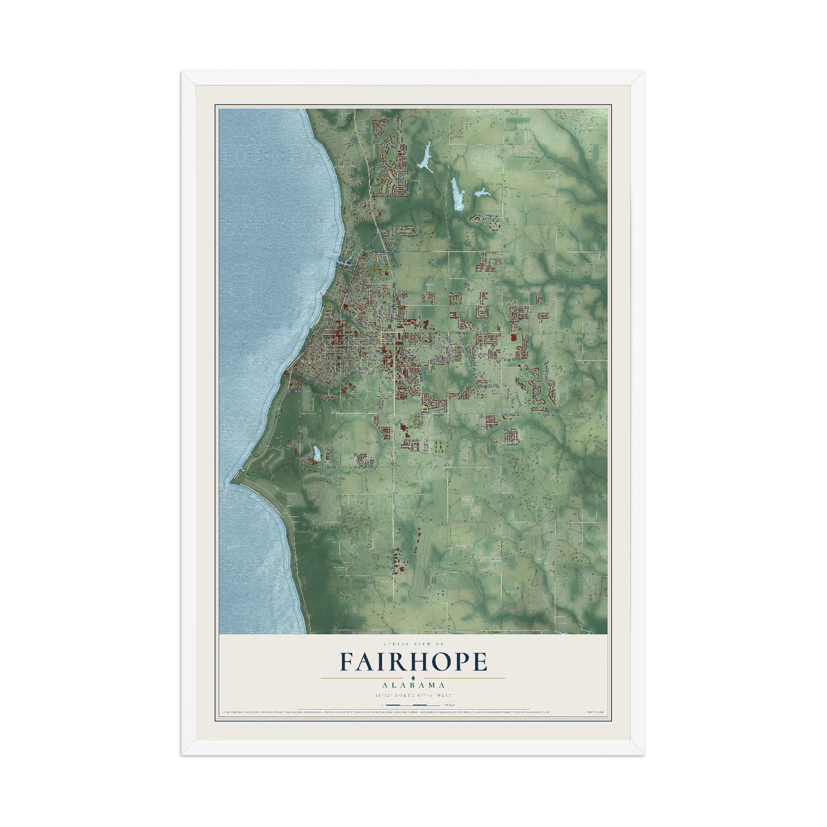 Map of Fairhope, Alabama, 12 x 18 inch print in a white wood frame