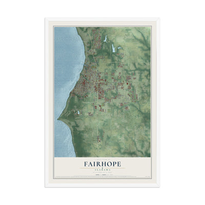 Map of Fairhope, Alabama, 12 x 18 inch print in a white wood frame