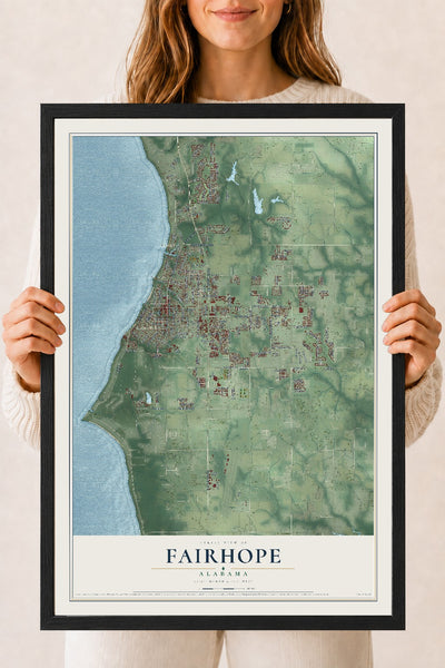 Map of Fairhope, Alabama, 18 x 24 inch print in a black wood frame