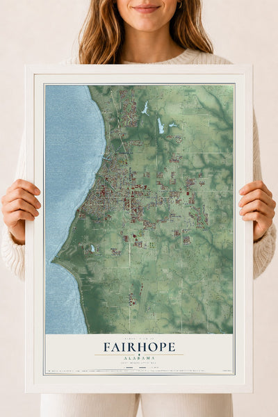 Map of Fairhope, Alabama, 18 x 24 inch print in a white wood frame