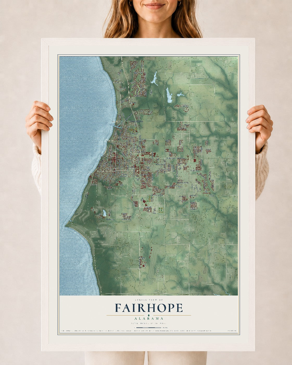 Map of Fairhope, Alabama, 24 x 36 inch print in a white wood frame