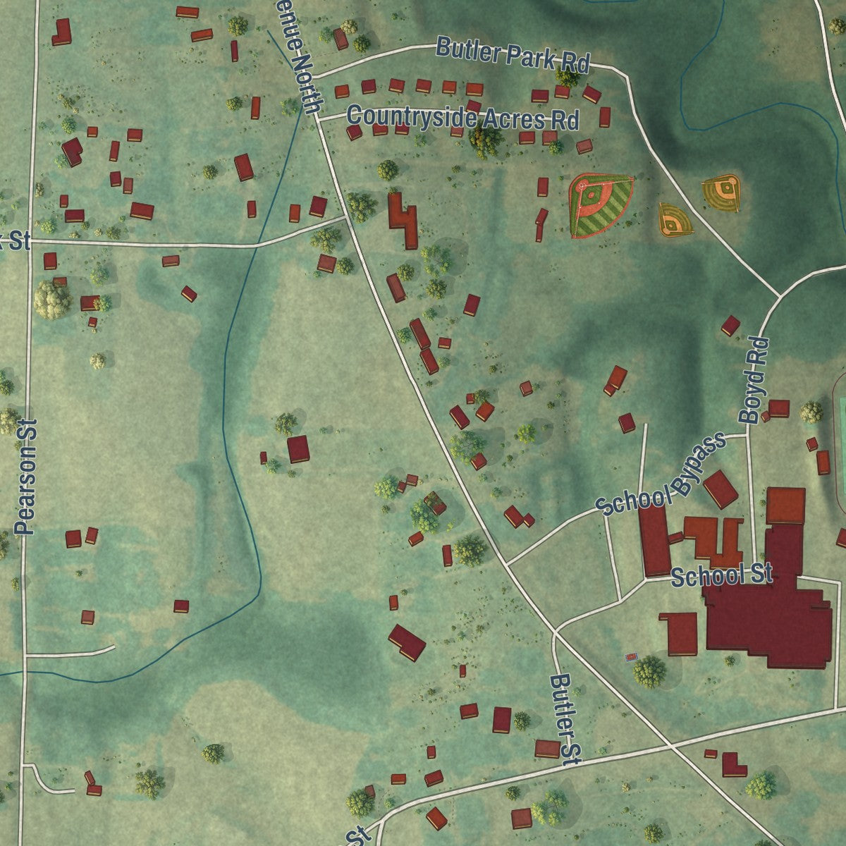Close-up of the map of Fairview, Alabama print showing street and building detail