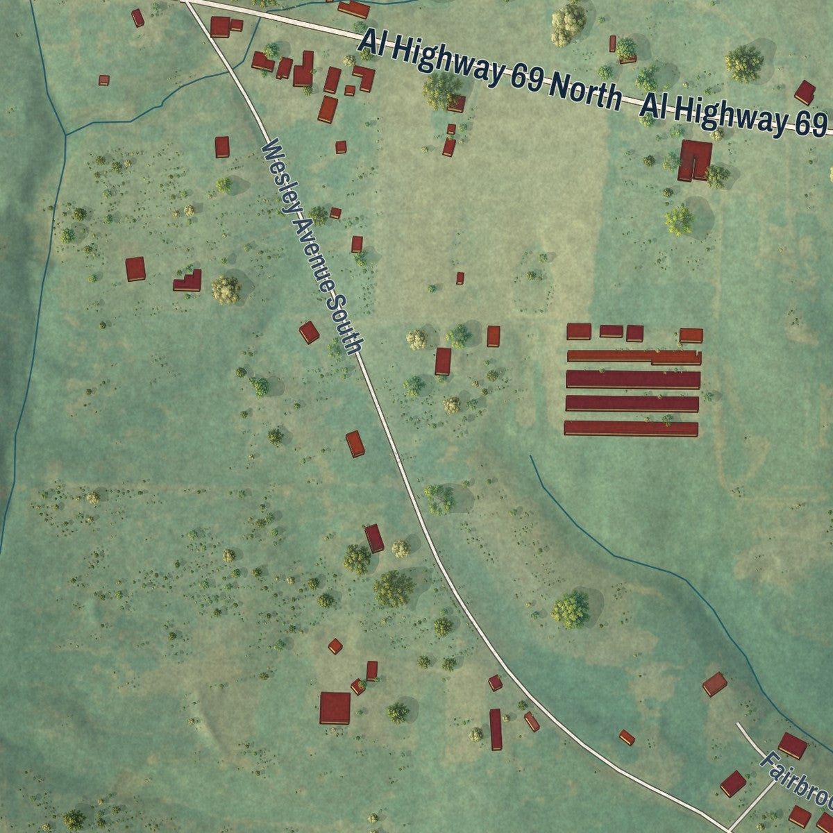 Second close-up of the map of Fairview, Alabama print showing more streets and buildings