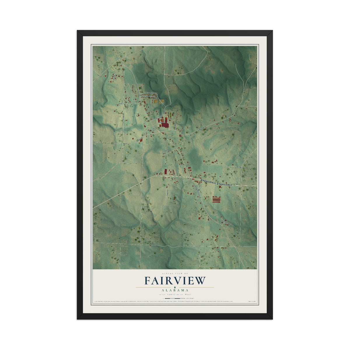 Map of Fairview, Alabama, 12 x 18 inch print in a black wood frame