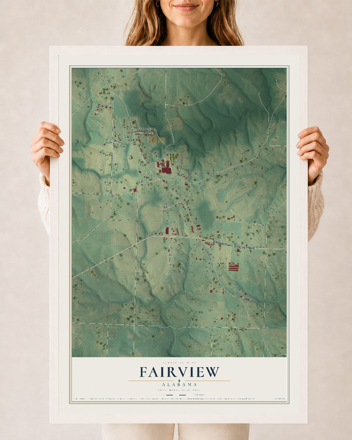 Map of Fairview, Alabama, 24 x 36 inch print in a white wood frame