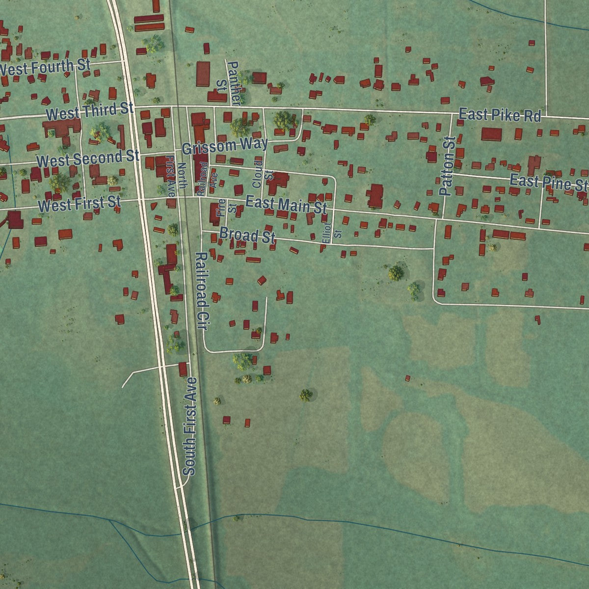 Close-up of the map of Falkville, Alabama print showing street and building detail