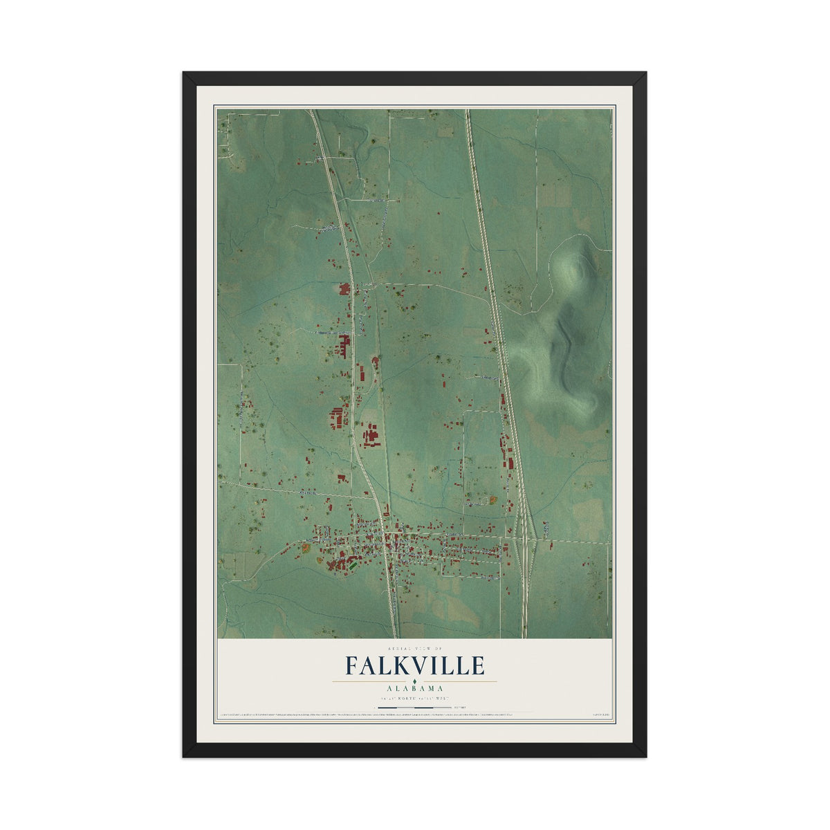 Map of Falkville, Alabama, 12 x 18 inch print in a black wood frame