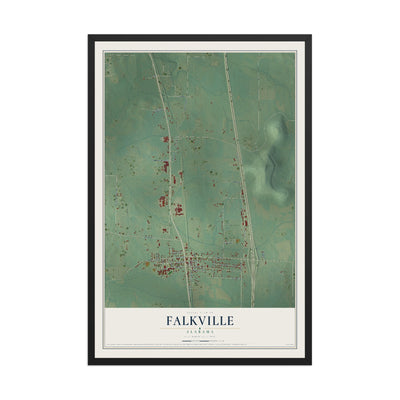 Map of Falkville, Alabama, 12 x 18 inch print in a black wood frame