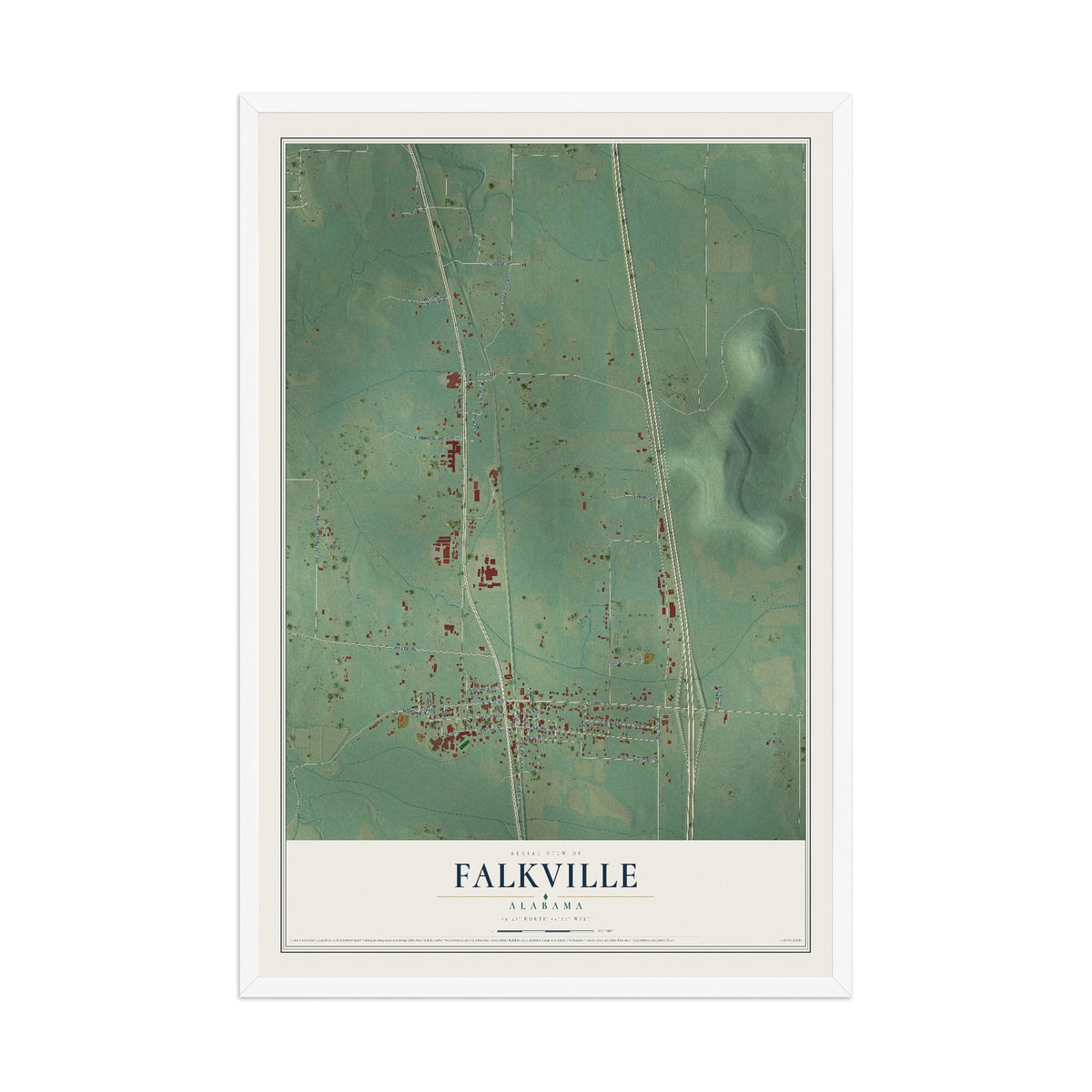 Map of Falkville, Alabama, 12 x 18 inch print in a white wood frame