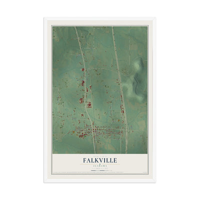 Map of Falkville, Alabama, 12 x 18 inch print in a white wood frame