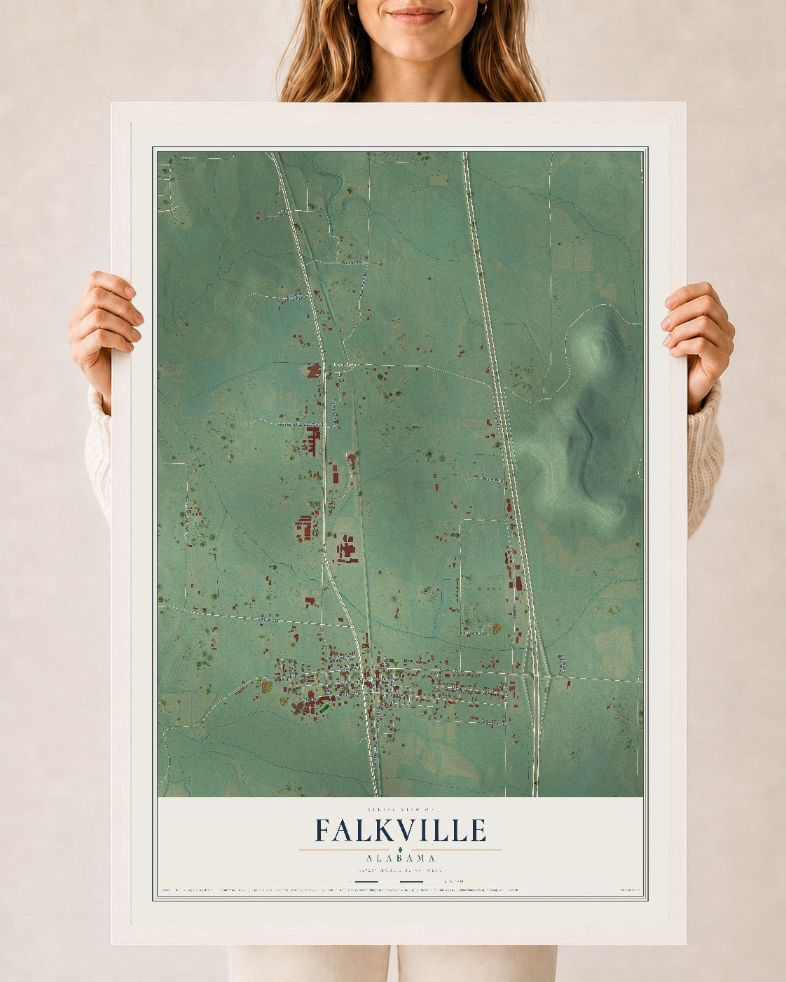 Map of Falkville, Alabama, 24 x 36 inch print in a white wood frame