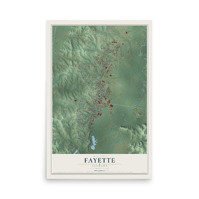 Map of Fayette, Alabama, 12 x 18 inch unframed archival matte print