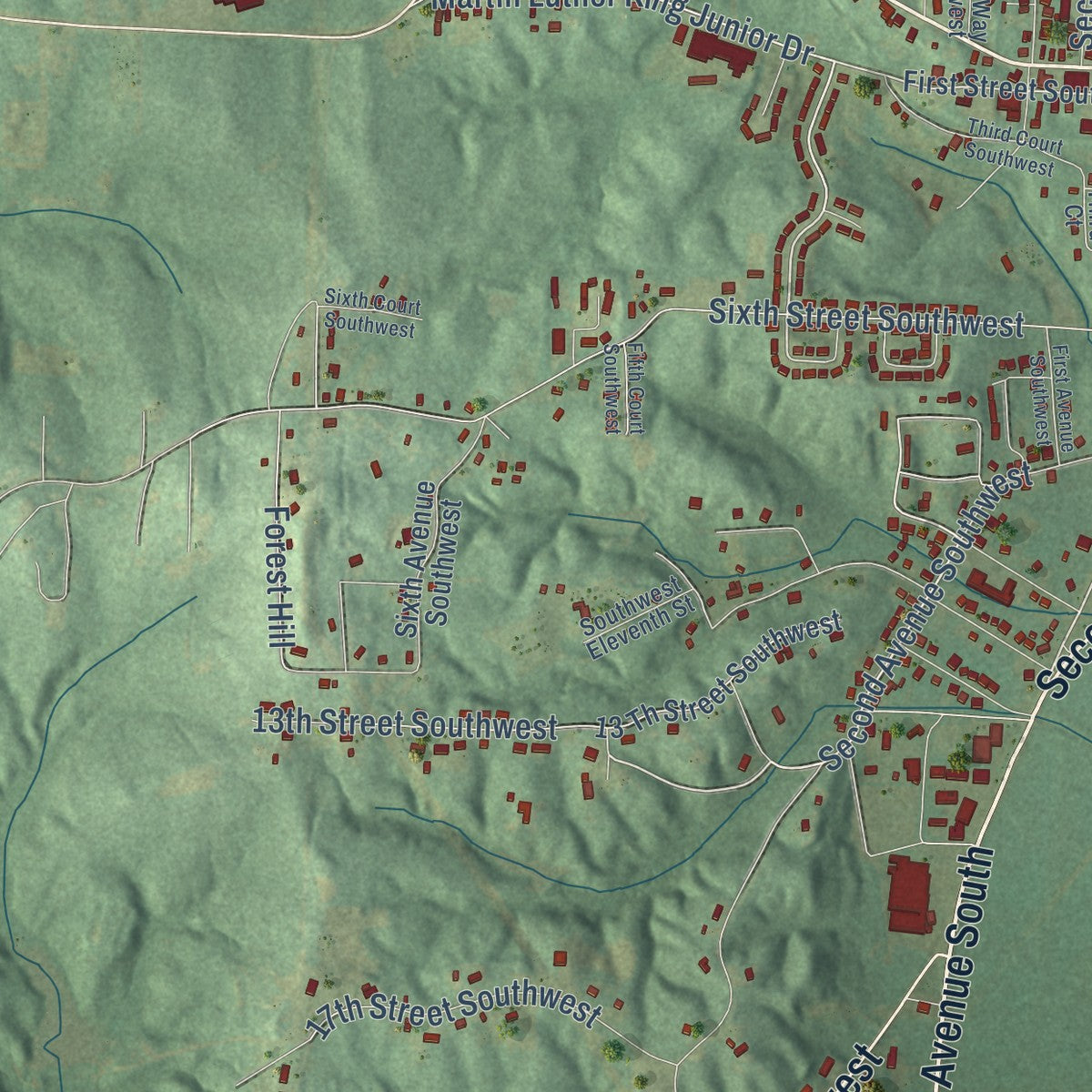 Second close-up of the map of Fayette, Alabama print showing more streets and buildings