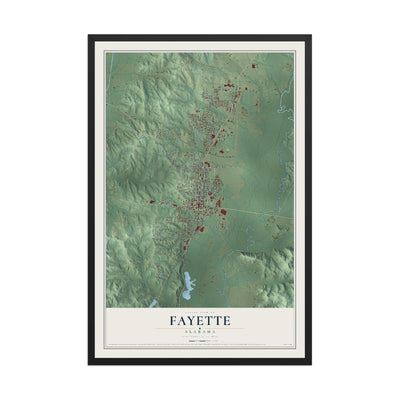 Map of Fayette, Alabama, 12 x 18 inch print in a black wood frame
