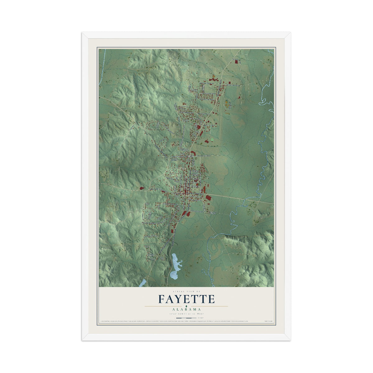 Map of Fayette, Alabama, 12 x 18 inch print in a white wood frame