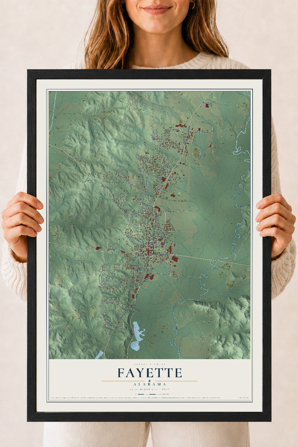 Map of Fayette, Alabama, 18 x 24 inch print in a black wood frame