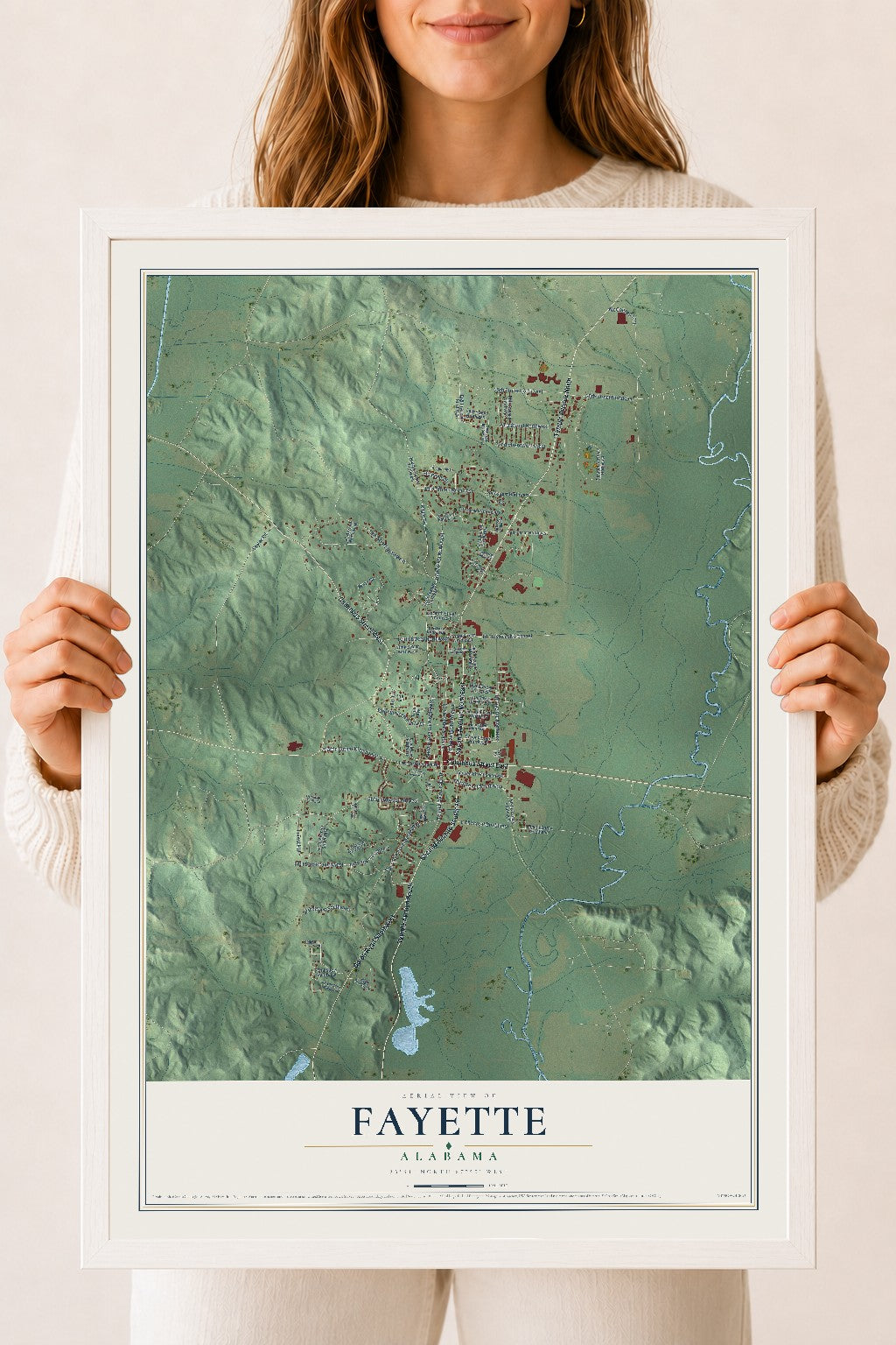 Map of Fayette, Alabama, 18 x 24 inch print in a white wood frame