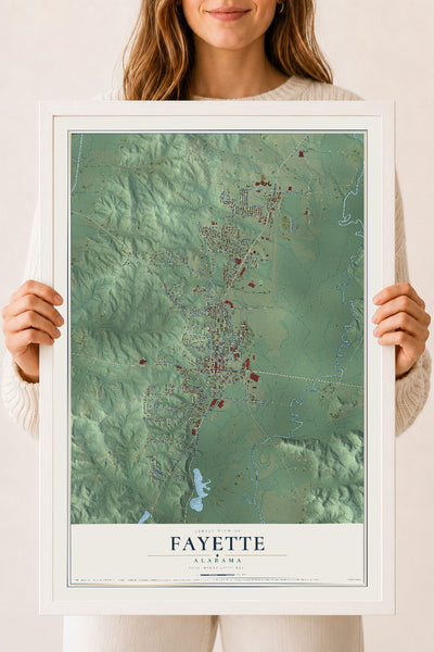 Map of Fayette, Alabama, 18 x 24 inch print in a white wood frame
