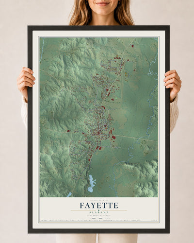 Map of Fayette, Alabama, 24 x 36 inch print in a black wood frame