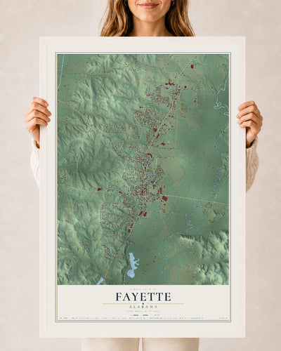 Map of Fayette, Alabama, 24 x 36 inch print in a white wood frame