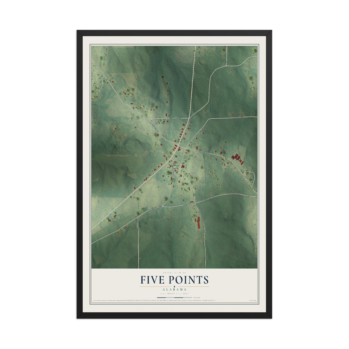 Map of Five Points, Alabama, 12 x 18 inch print in a black wood frame