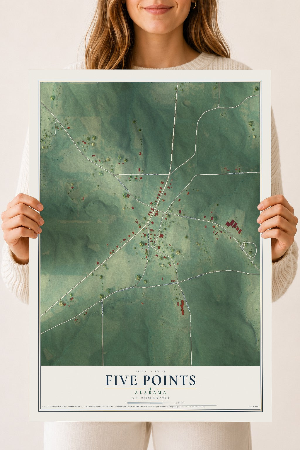 Map of Five Points, Alabama, 18 x 24 inch unframed archival matte print