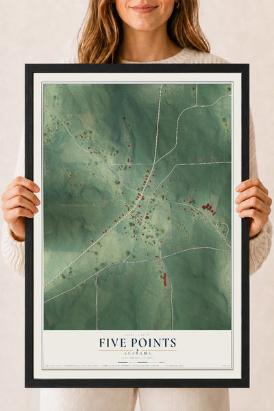 Map of Five Points, Alabama, 18 x 24 inch print in a black wood frame