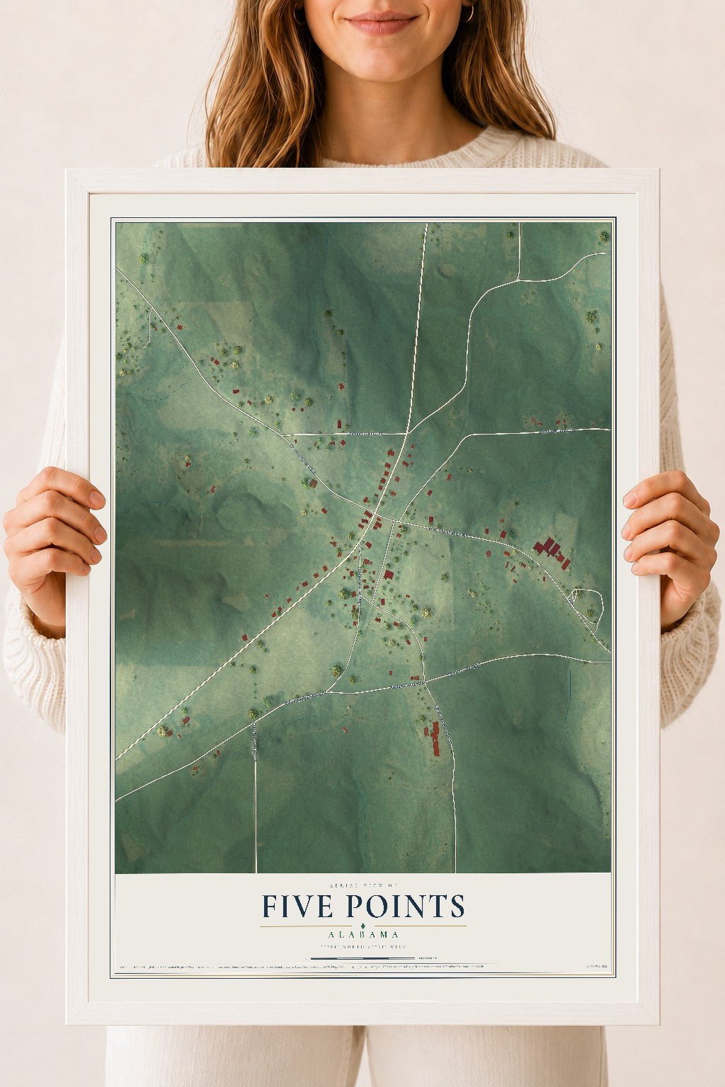 Map of Five Points, Alabama, 18 x 24 inch print in a white wood frame