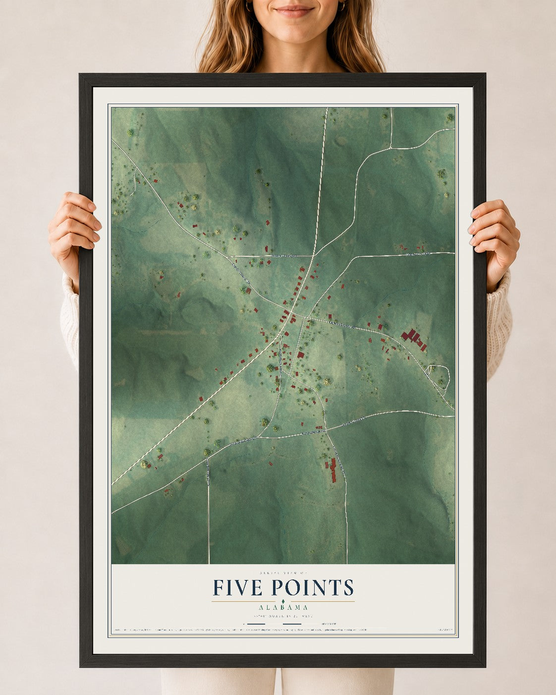 Map of Five Points, Alabama, 24 x 36 inch print in a black wood frame