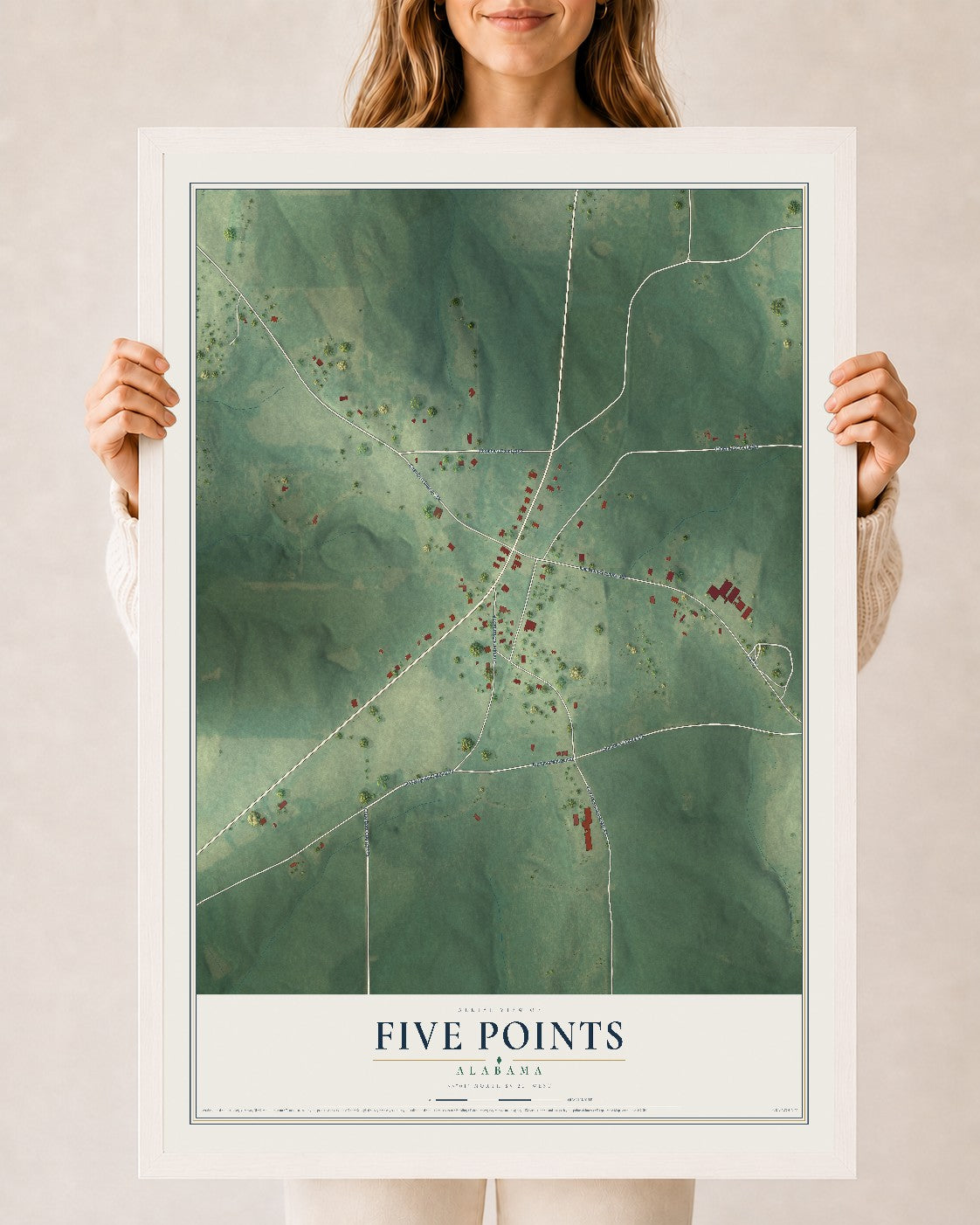 Map of Five Points, Alabama, 24 x 36 inch print in a white wood frame