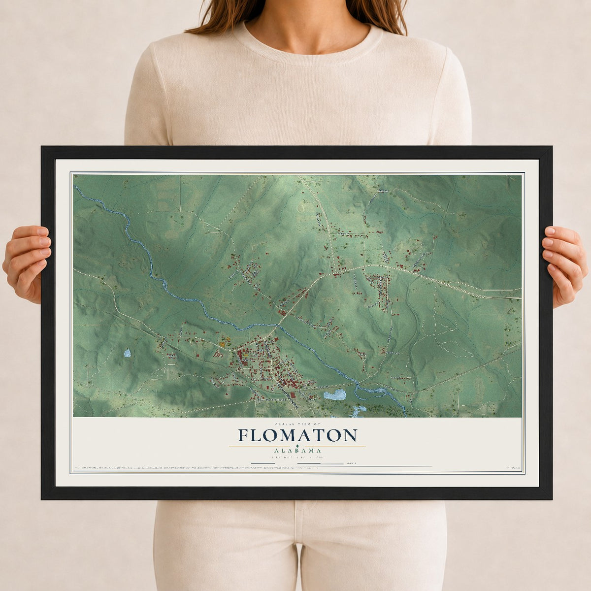 Map of Flomaton, Alabama, 12 x 18 inch print in a black wood frame