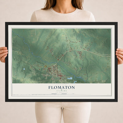 Map of Flomaton, Alabama, 18 x 24 inch print in a black wood frame