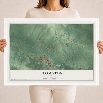Map of Flomaton, Alabama, 18 x 24 inch print in a white wood frame