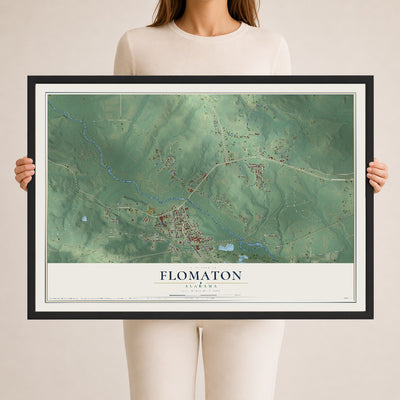 Map of Flomaton, Alabama, 24 x 36 inch print in a black wood frame