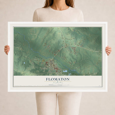 Map of Flomaton, Alabama, 24 x 36 inch print in a white wood frame