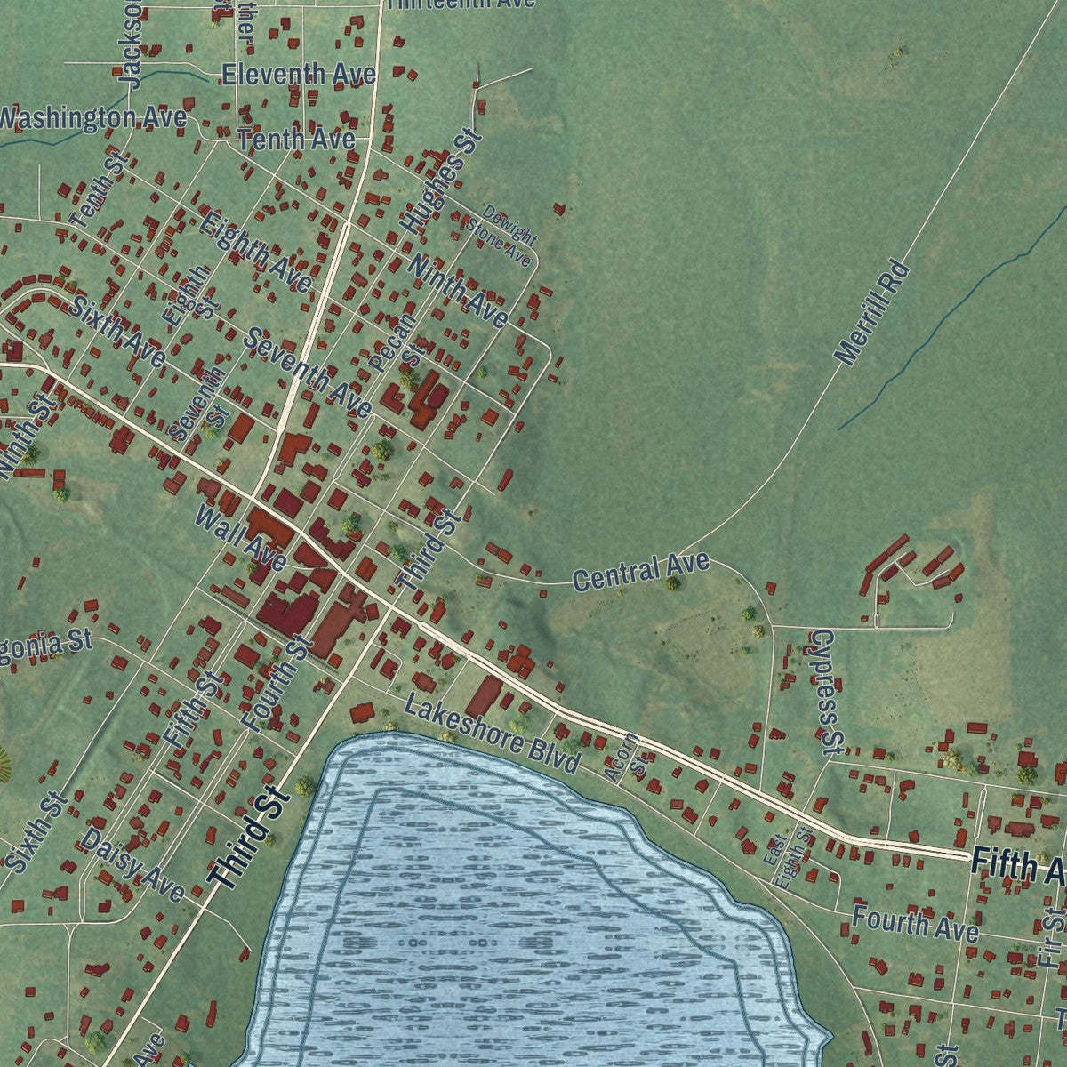 Close-up of the map of Florala, Alabama print showing street and building detail