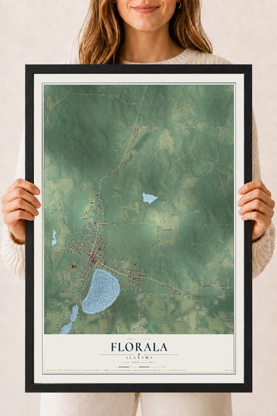 Map of Florala, Alabama, 18 x 24 inch print in a black wood frame