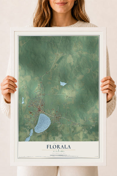 Map of Florala, Alabama, 18 x 24 inch print in a white wood frame