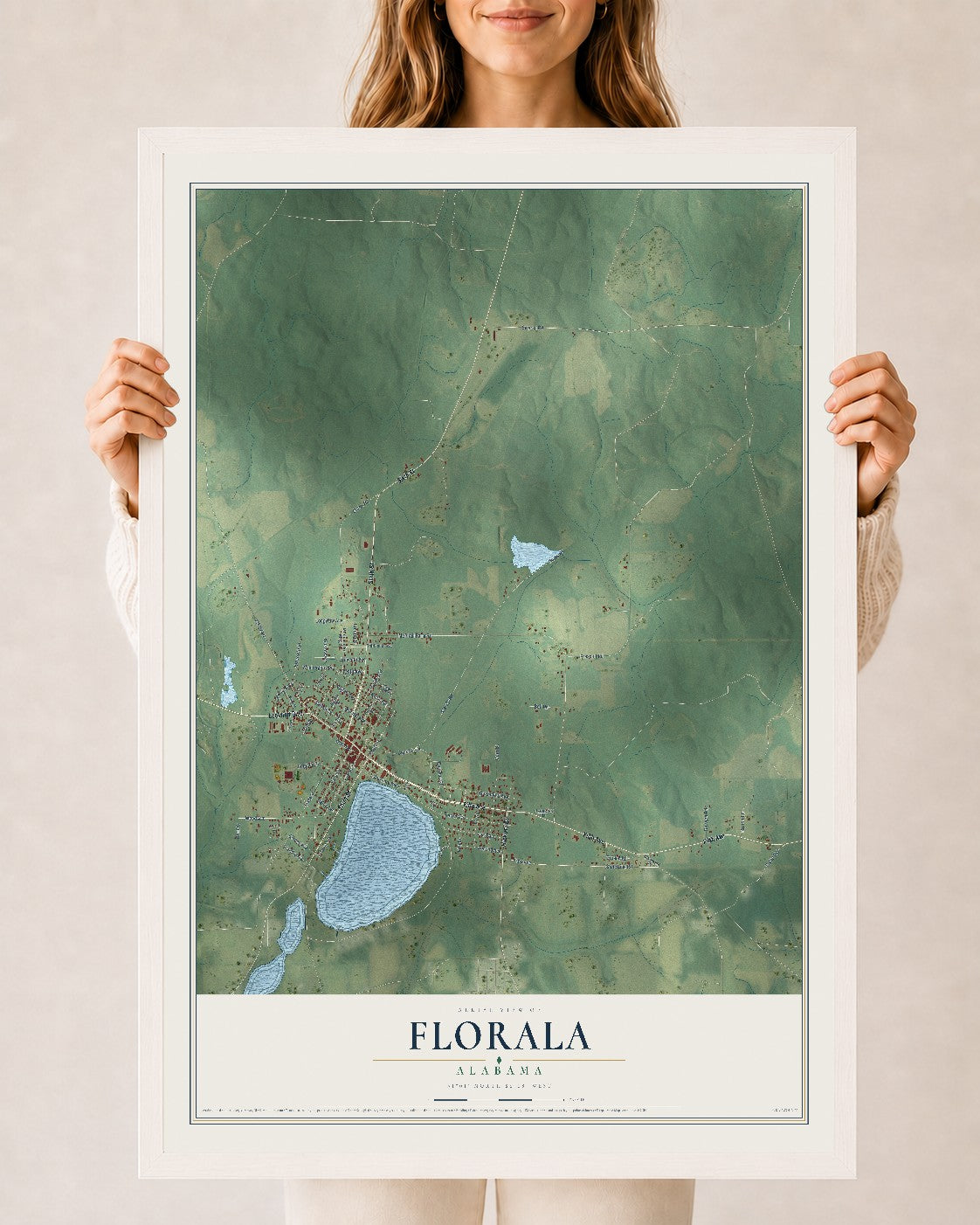 Map of Florala, Alabama, 24 x 36 inch print in a white wood frame
