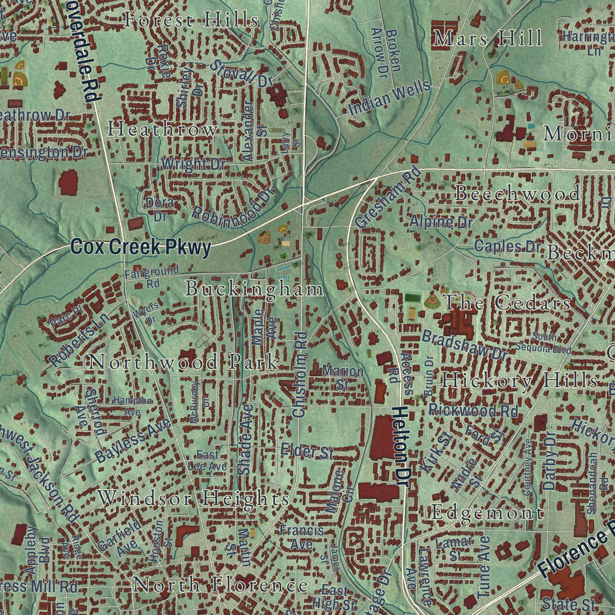Close-up of the map of Florence, Alabama print showing street and building detail