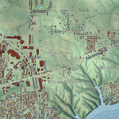 Second close-up of the map of Florence, Alabama print showing more streets and buildings
