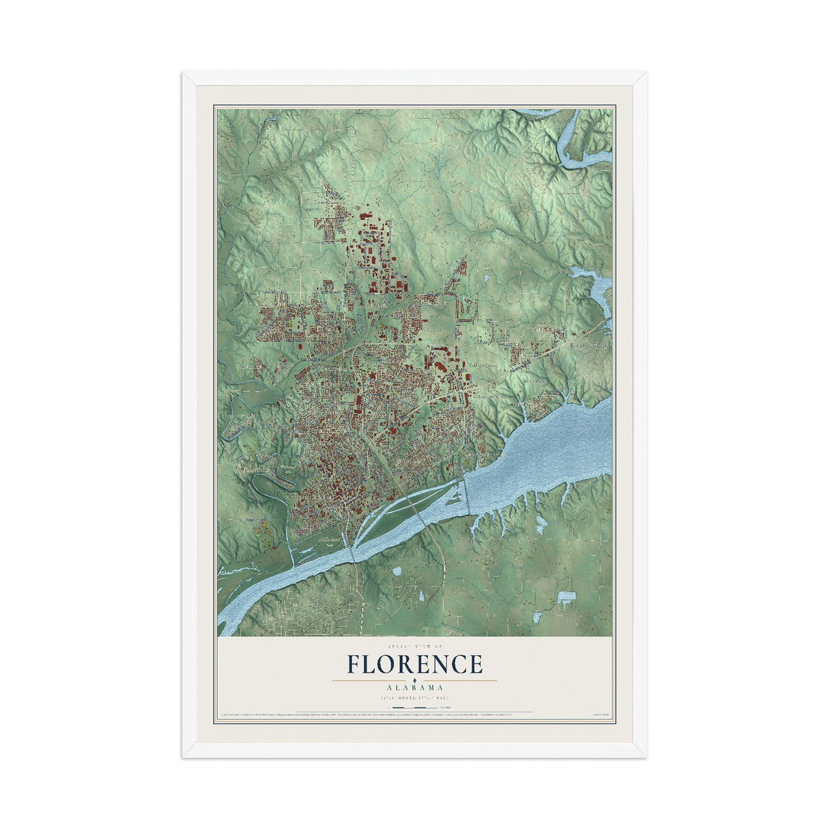 Map of Florence, Alabama, 12 x 18 inch print in a white wood frame