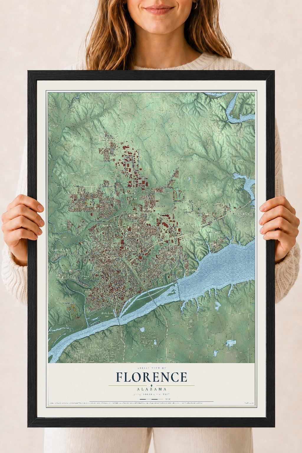 Map of Florence, Alabama, 18 x 24 inch print in a black wood frame