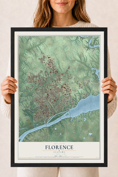 Map of Florence, Alabama, 18 x 24 inch print in a black wood frame